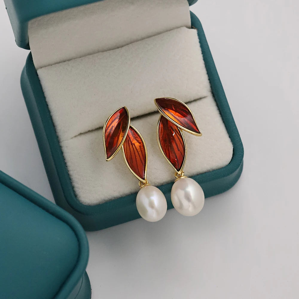 Natural Freshwater Pearl Red Double Leaf Earrings Korean Women's Luxury Jewelry Fashion Women's and Girls' Gifts GE1595