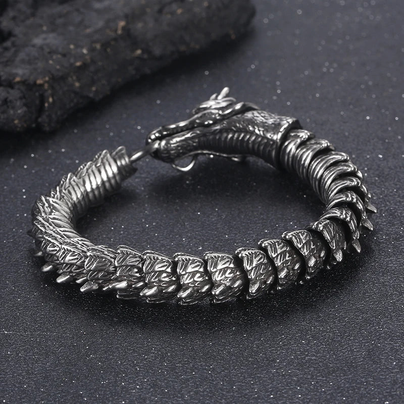 KALEN 210mm Men Punk Stainless Steel Links Bracelet With Vivid Chinese Dragon Head Clasp