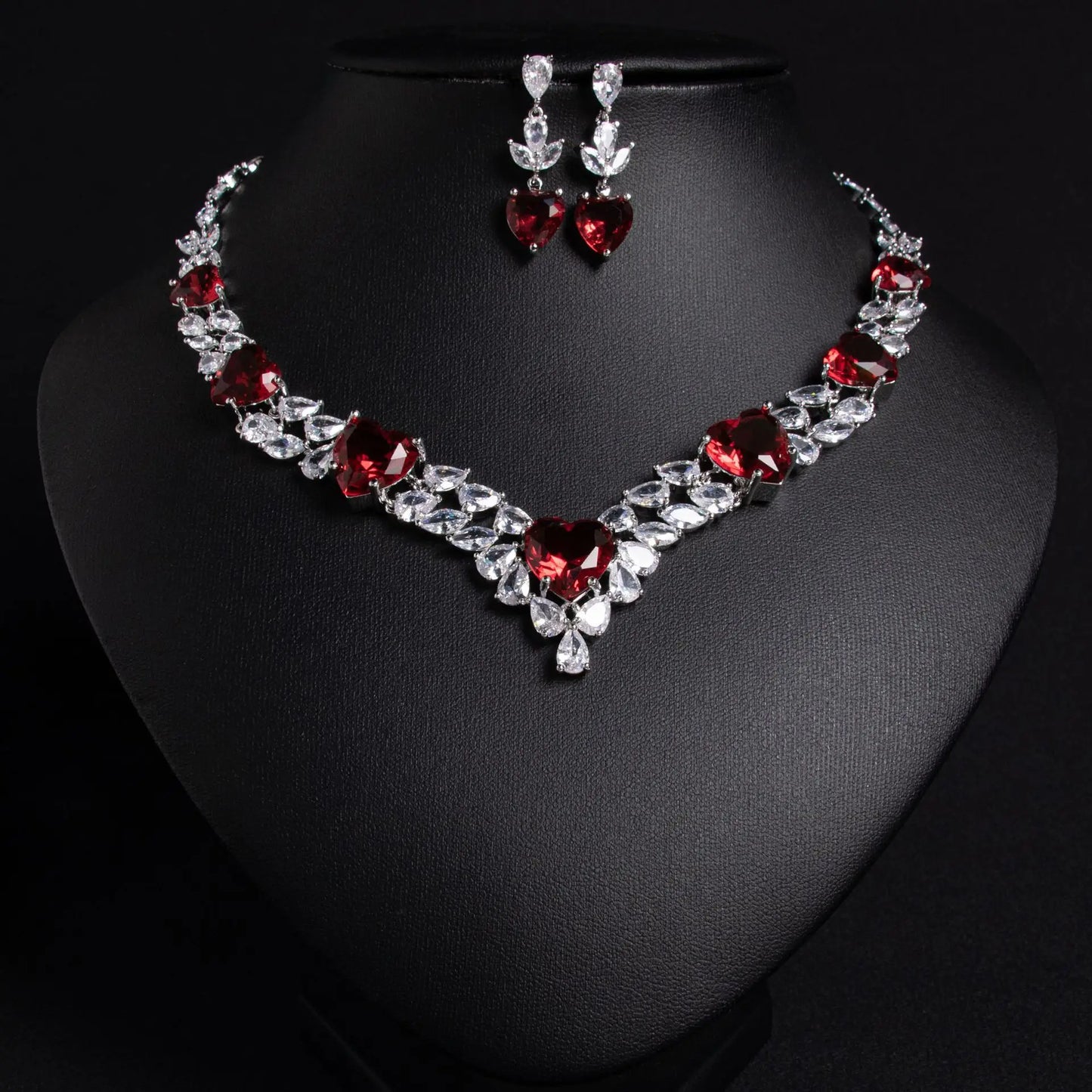 Luxury Heart-Cut Cubic Zirconia Vintage Bridal Necklace & Earrings Set — Rhodium Plated