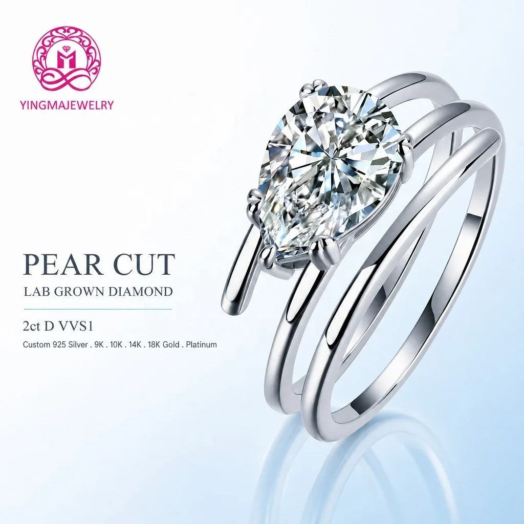 Gioiellieri IGI Certified Trendy Pear Cut Lab Grown Diamond Ring 2CT D VVS1 Solitaire With Plain Band 9K 10K 14K 18K Gold Women Fine Jewelry