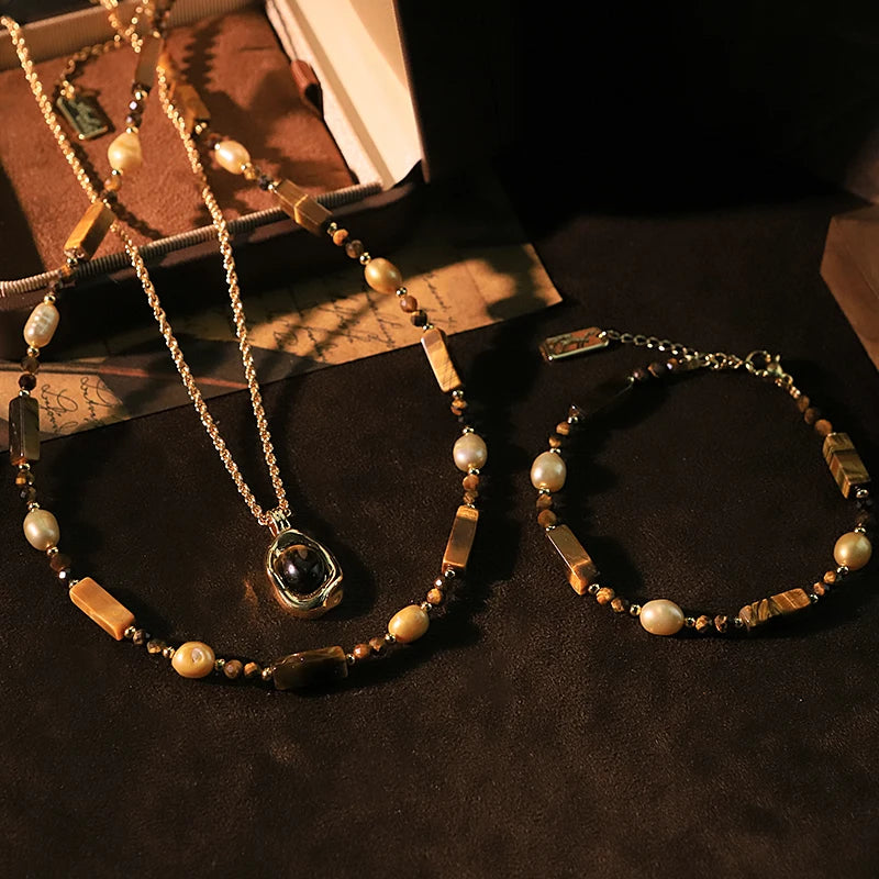 Natural Pearl Long Tiger Eye Stone Pendant Necklace Bracelet Set Luxurious Design Jewelry Set for Banquet Gift for Women GS0221
