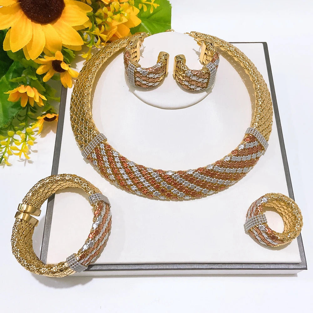Colorful Italian Jewelry Set Brazilian Gold Plated Brass Jewelry Sets Wedding Party Necklace Bracelet Earrings Ring Jewellery