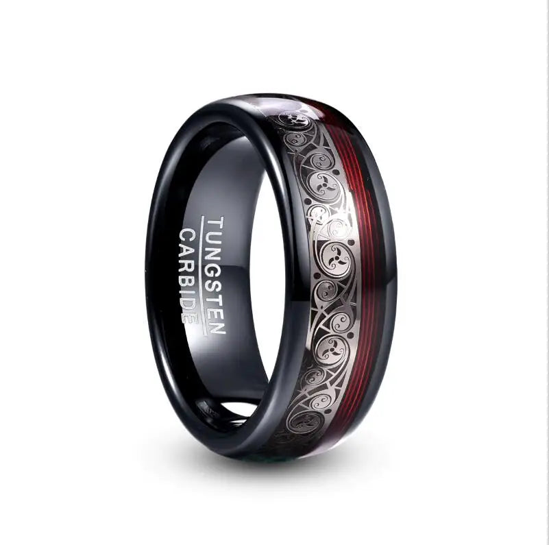 REBEL 8mm Width Black Plated Inlaid Triple Spiral Pattern Red Guitar String Men's Tungsten Ring Jewelry