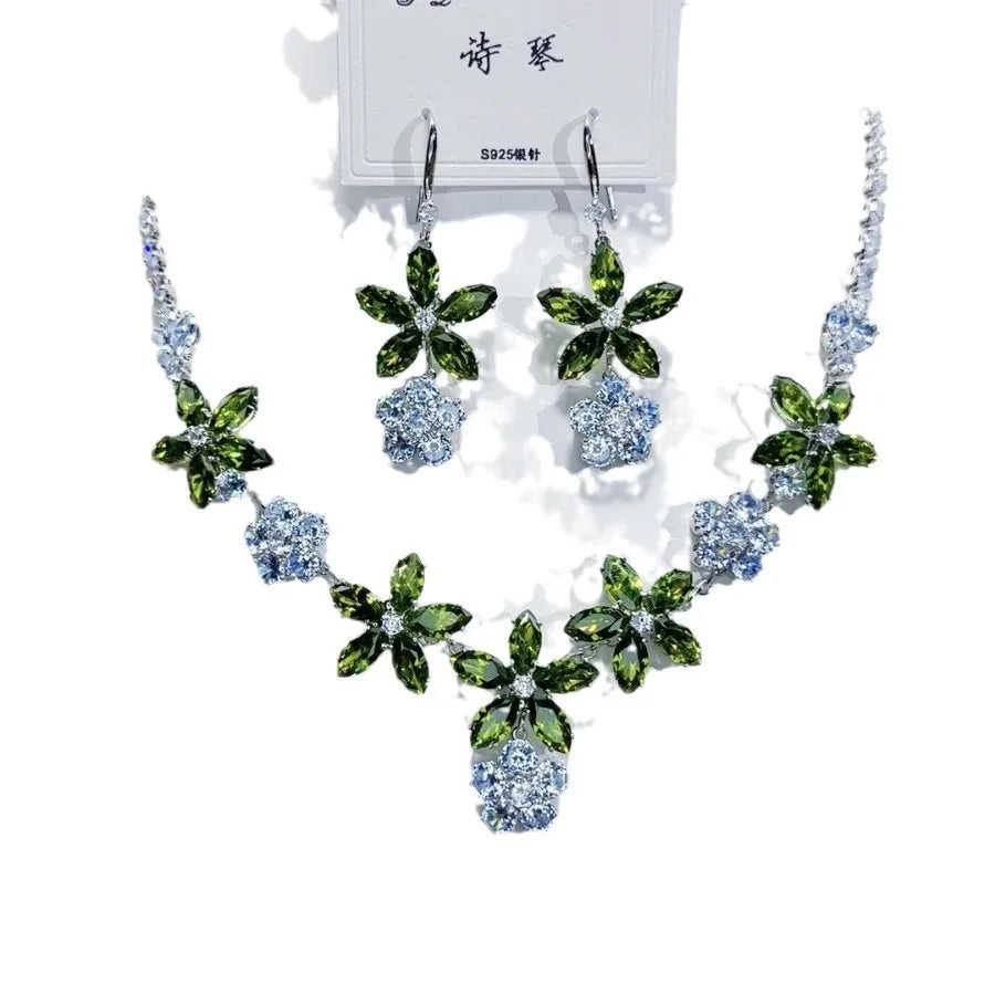 K077 High End Women Exquisite Luxurious Pink Flower Zircon Bridal Necklace Earrings Set Wedding Elegant Jewelry Set