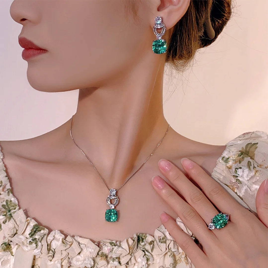 S&S Gold Plated Emerald Green Cushion Cut Zircon Jewellery Set – Collection