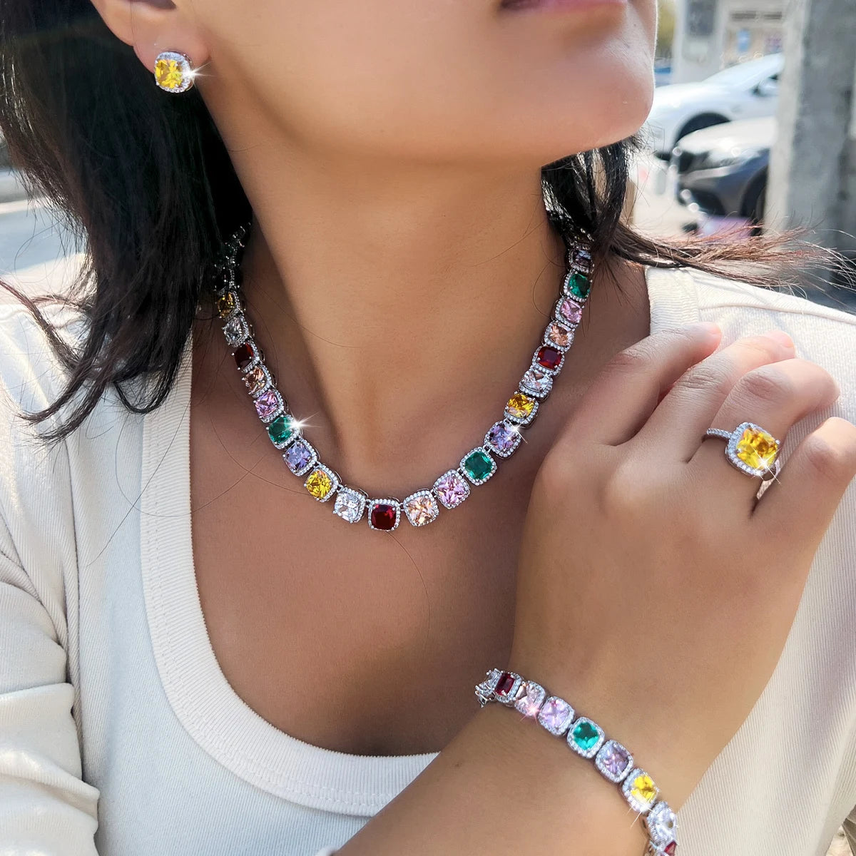 Sparkling 4PCS Rhodium Plated CZ Jewelry Set White Square Zircon Bracelet Ring Earrings Necklace Jewelry Set for Women Banquet