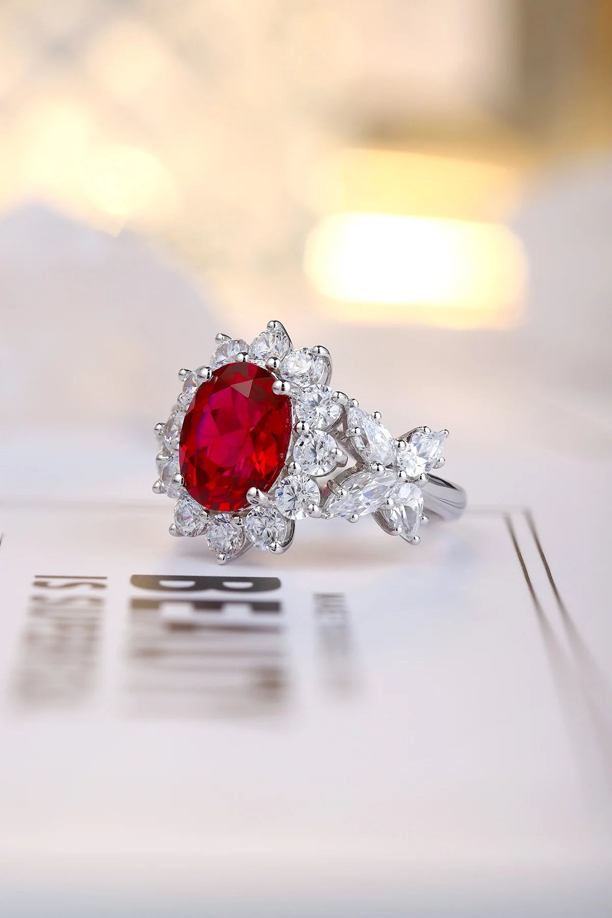Gemfiori Jewelry Trendy High Quality S925 Silver Cultivated Ruby Ring Unisex Engagement Ring for Wedding Party or Gift
