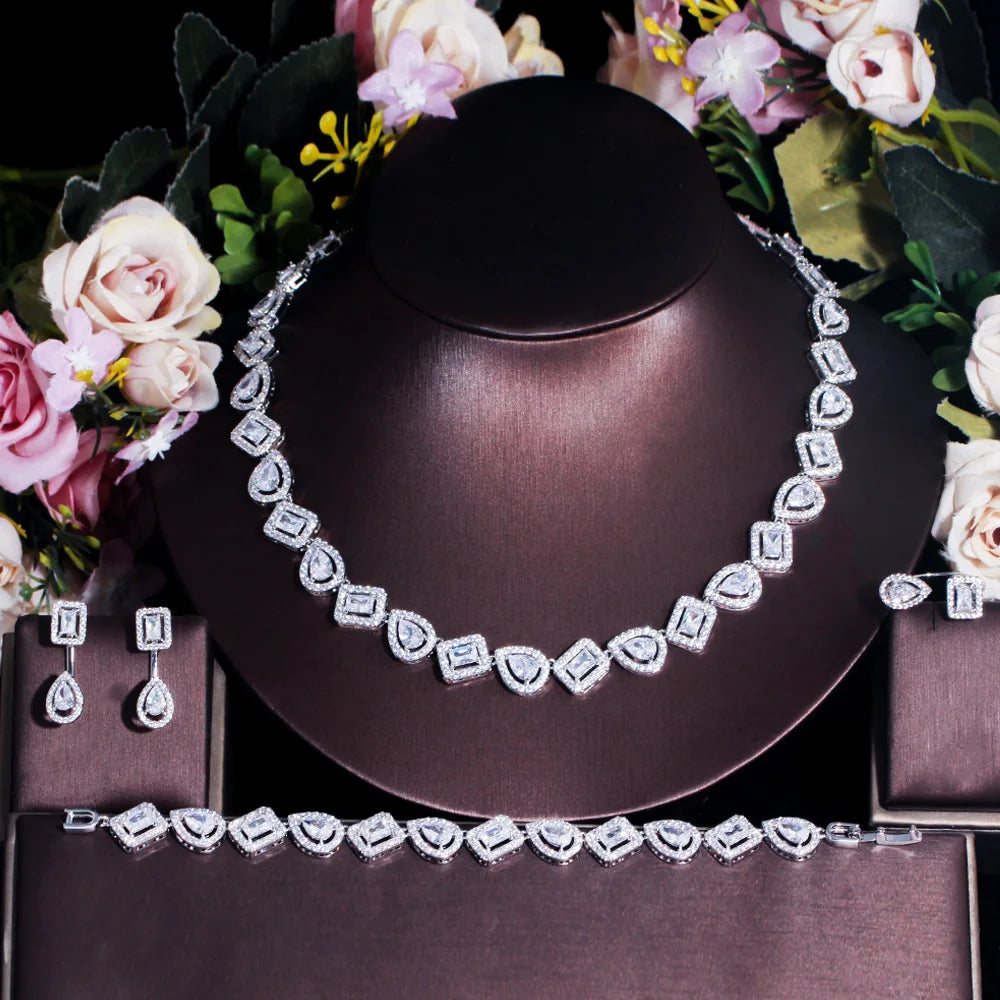 Silver Color Water Drop Cubic Zirconia 4pcs Ring Bracelet Earrings Necklace Luxury Jewelry Sets for Women Weeding CZ Accessories