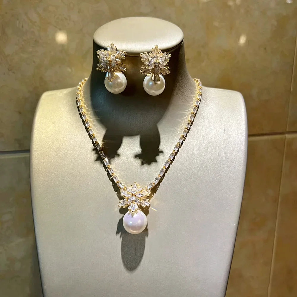 XM S418 Gold Plated Snowflake Crystal & Red Round Pearl Pendant Necklace & Drop Earrings Set