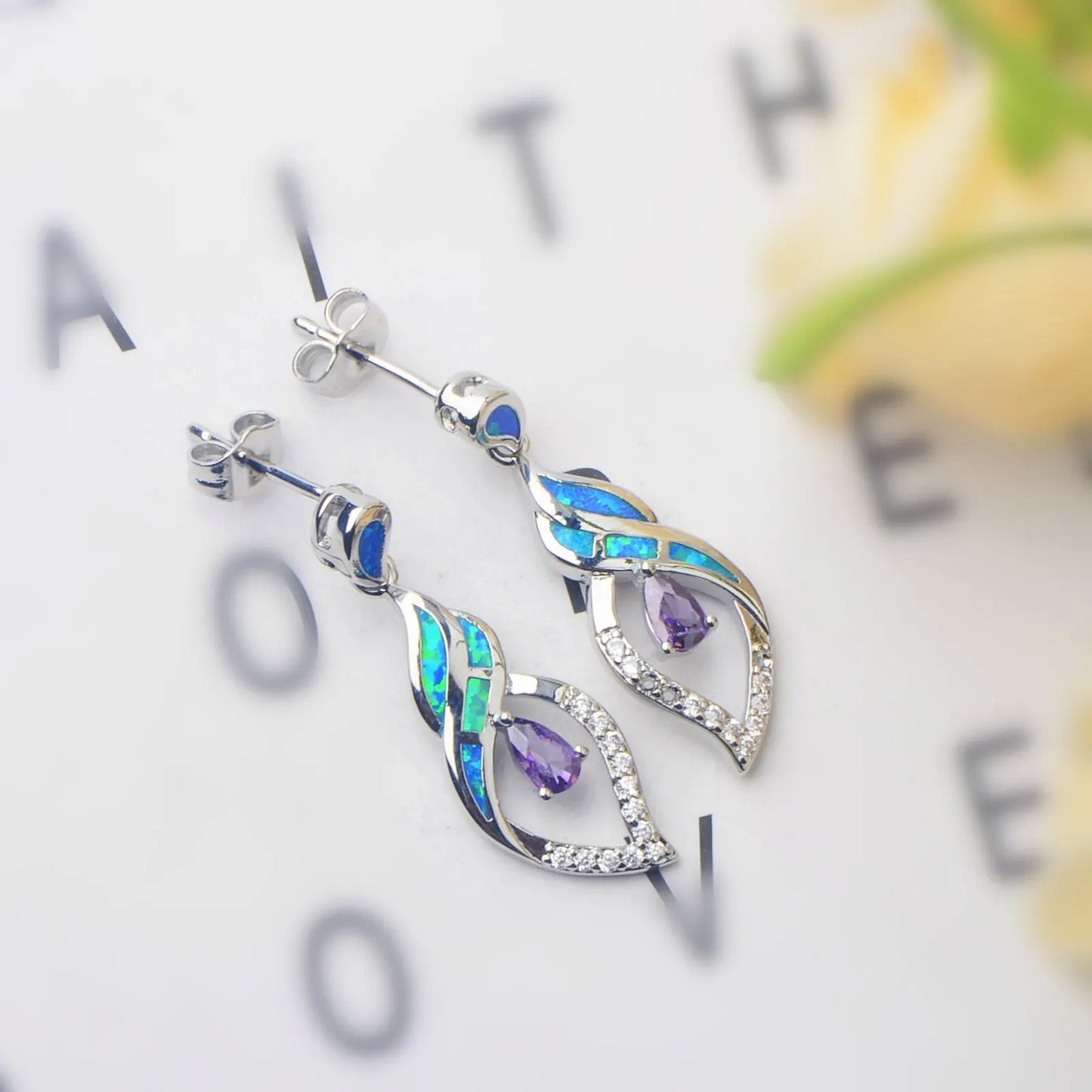 Twisted Opal & Amethyst Drop Earrings - Blue Fire Opal & Purple Crystal Inlaid Design | Glam Evening Jewelry Bulk Gifts
