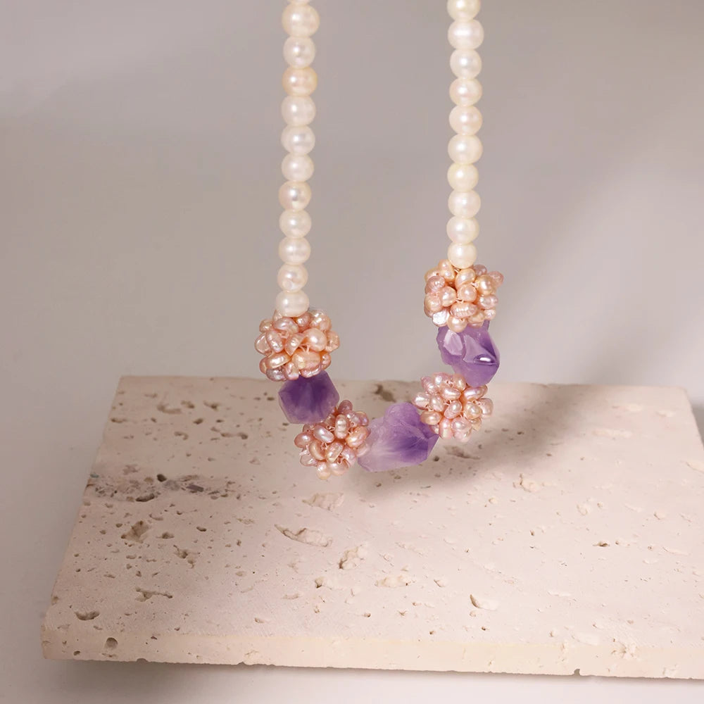 Amethyst Flower Ball Decorative Necklace Natural Freshwater Pearl Flower Cluster Necklace Hand Beaded