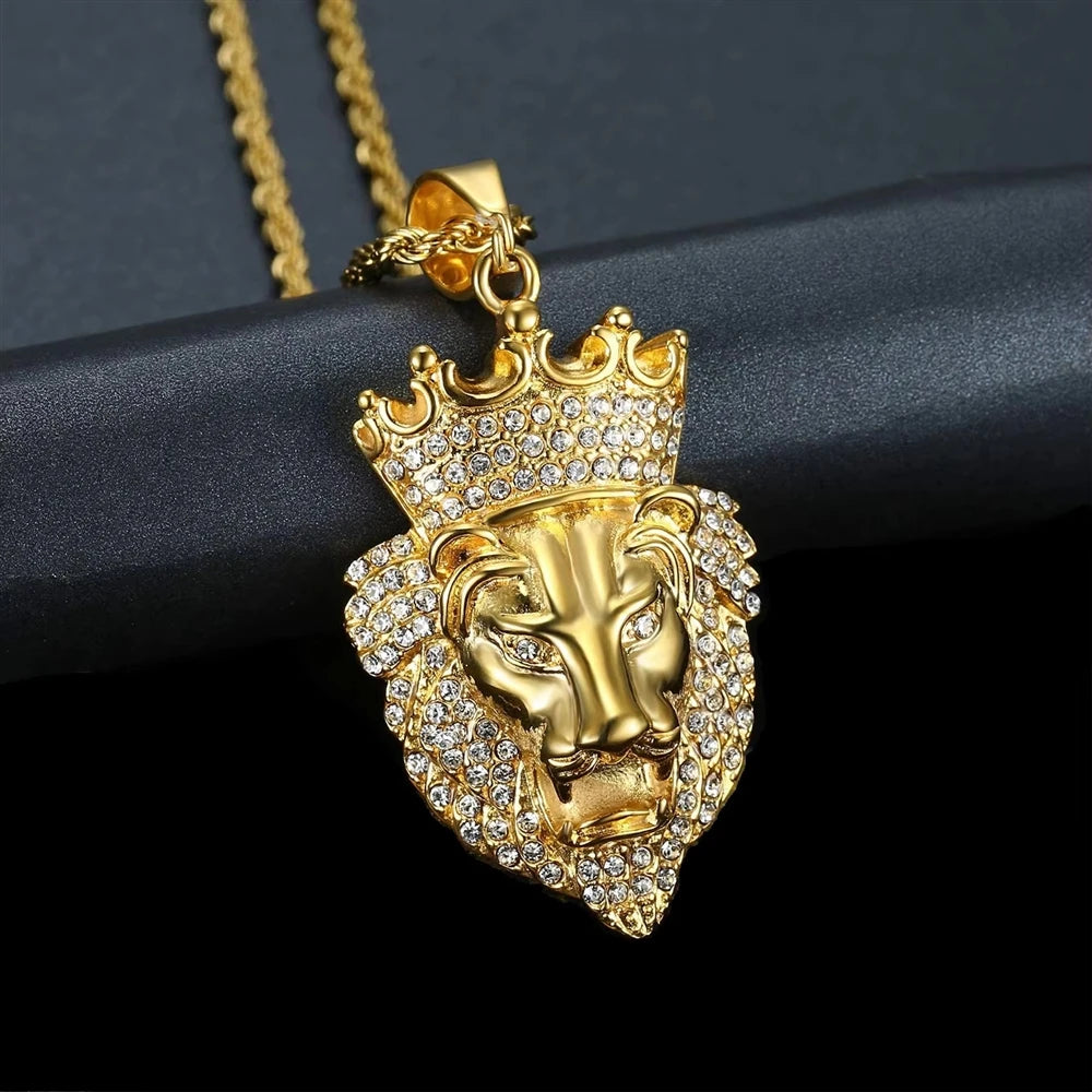 Hip Hop Lion Head CZ Zircon 316 Stainless Steel Pvd 18K Gold Plated Pendant Jewelry Fine Fashion Jewelry Necklace for Men Women