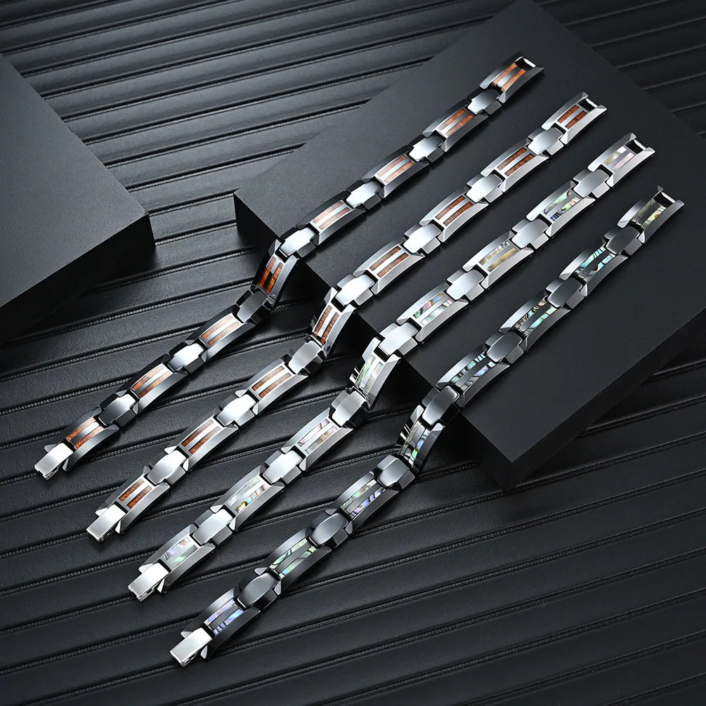 Factory Simple Tungsten Steel Ceramic Bracelet for Men Epoxy Resin Wood Shell Inlay High Polish Export Jewelry Gift Supplier