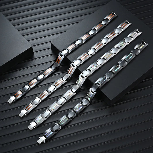 REBEL Factory Simple Tungsten Steel Ceramic Bracelet for Men Epoxy Resin Wood Shell Inlay High Polish Export Jewelry Gift Supplier