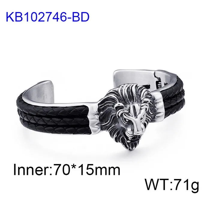 VIKING Mens Punk Lion Head Bangle – Silver Stainless Steel