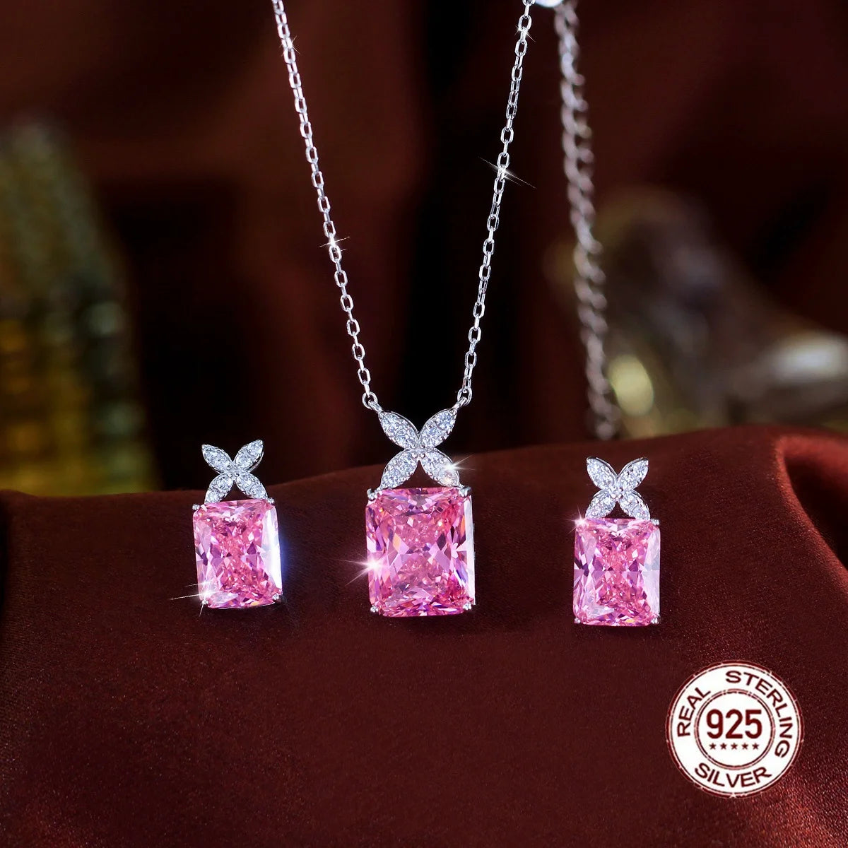 Genuine S925 Sterling Silver Crushed Ice Stone Cubic Zirconia Pink Pendant Set Necklace and Earring Set for Women Party Jewelry
