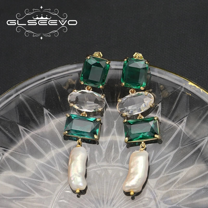 Long Natural Baroque Pearl Emerald Crystal Drop Earrings for Wife Girlfriend Birthday Gifts Fashion Designer Luxury Jewelry