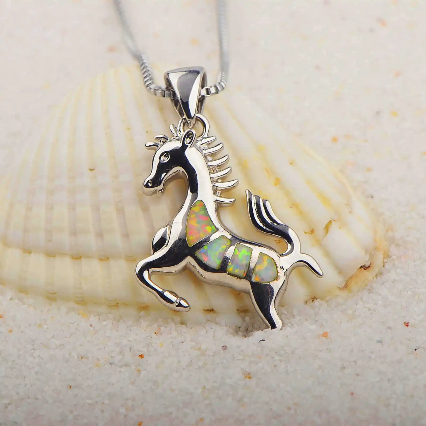Delicate Western Horse Pendant-Copper Silver Plated White Opal Sweater Chain Link Chain Trendy for Women's Layering Look
