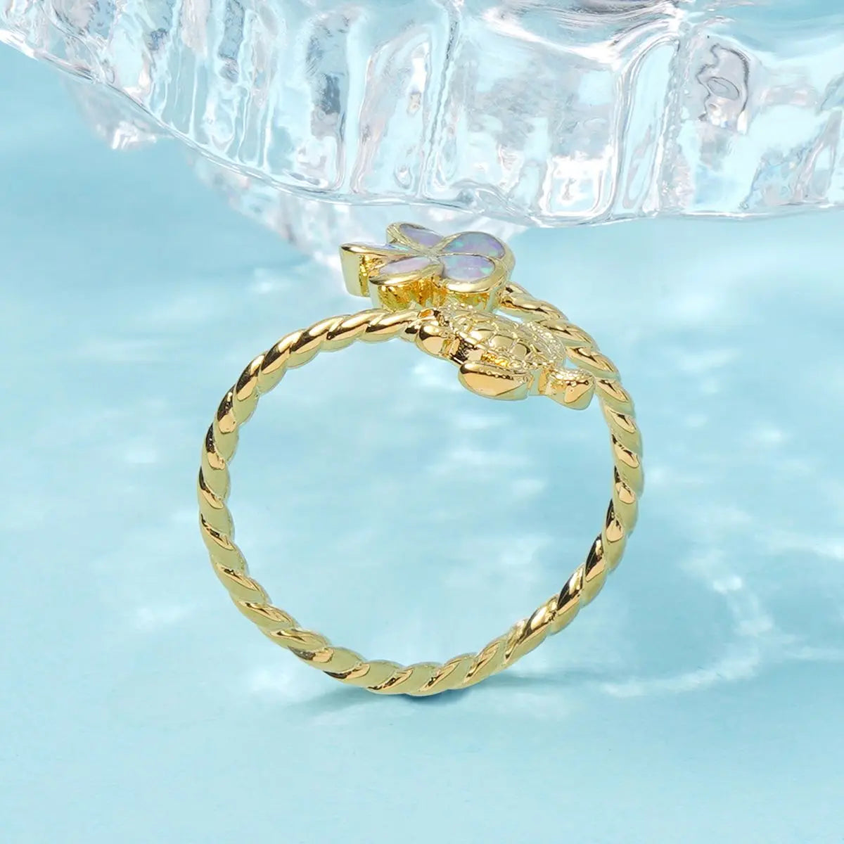 Gold Turtle & Opal Clover Ring | Twisted Band Animal Jewelry