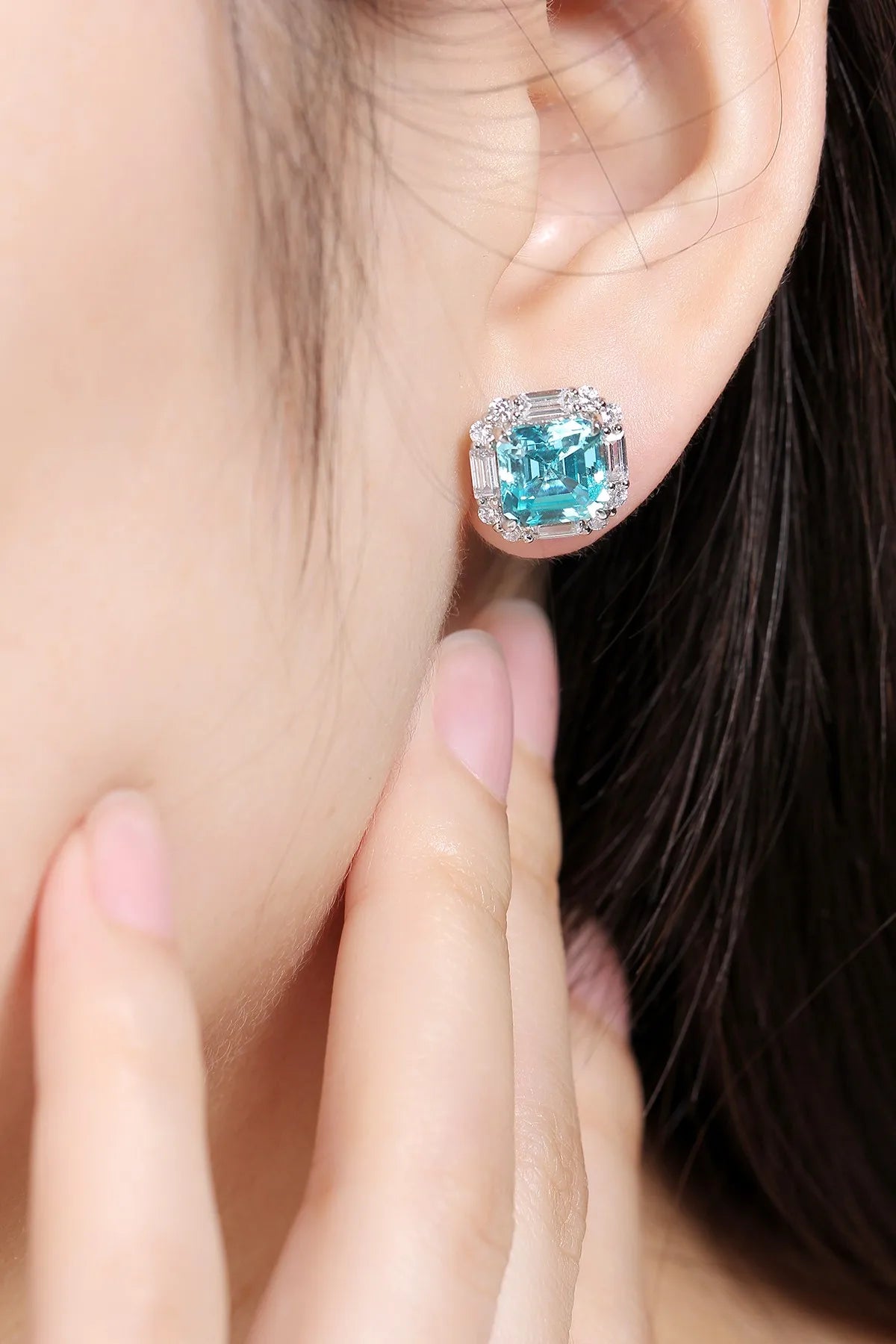Gemfiori Rhodium Plated S925 Silver Square Pendant Earrings Set Asscher Cut Lab Grown Paraiba Jewelry Set for Women Anniversaries