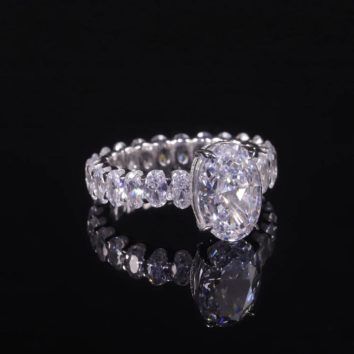 Gemfiori AR499 Abiding Simulated Diamond Iced Cut Oval Cut 9x13MM Cubic Zirconia Cz Hip Hop Full Eternity Ring 925 Sterling Silver Ring