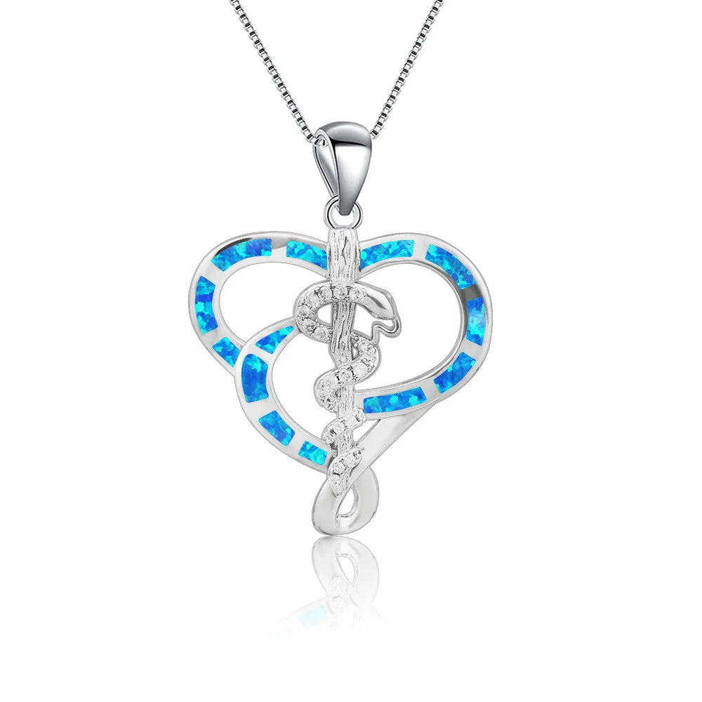 European American Trendy Blue Opal Snake Necklace for Women Hawaiian Style Heart Design Oversized Sweater Chain