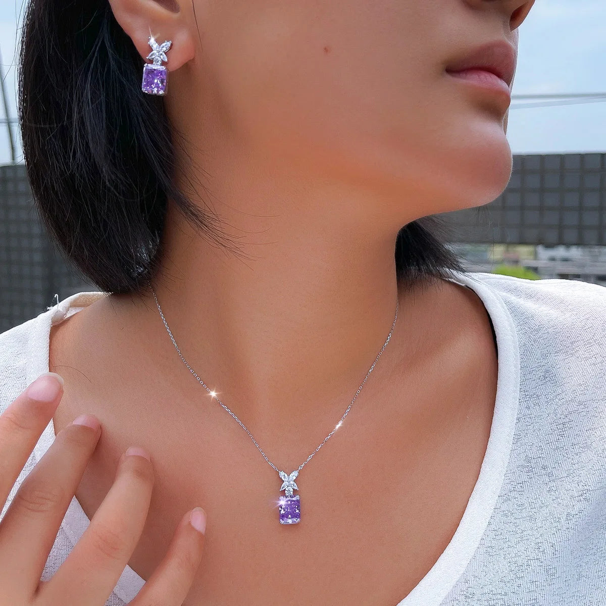 S&S 925 Silver Purple CZ Iced Out Necklace & Earrings Set – Radiant Cut – Rhodium Plated – Collection