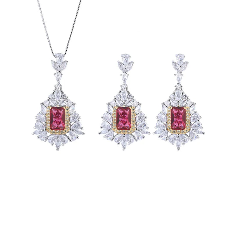 Gemfiori New Popular European and American Flower Shaped Pendant Earrings Set with Pomegranate Red Princess square Zircon Inlay