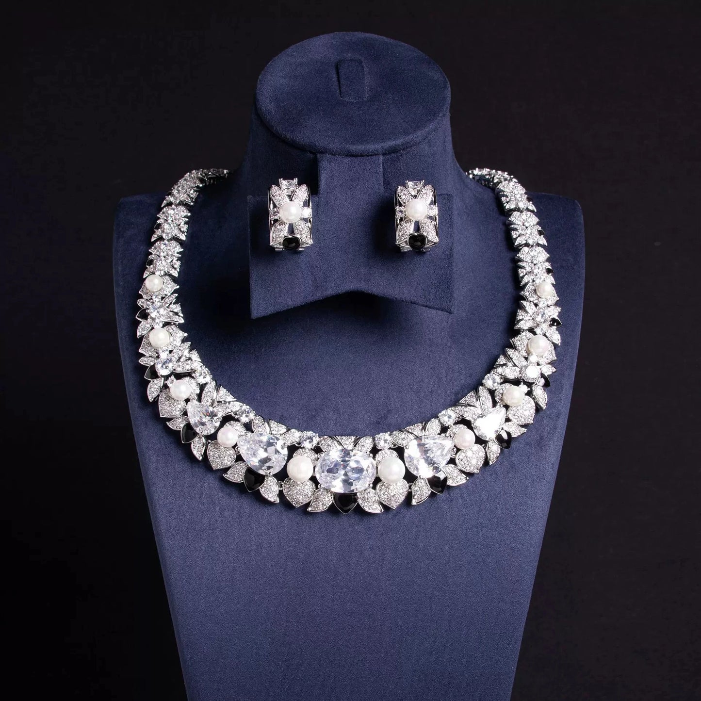 XM S301 Oval Cut Zircon & Pearl Statement Necklace & Earrings Set