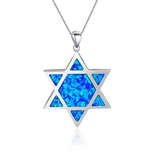 Bulk Jewish Star of David Brass Box Chain Necklaces Blue Opal Inlay Bohemian Plant Design Party Fashion Jewelry for Resellers