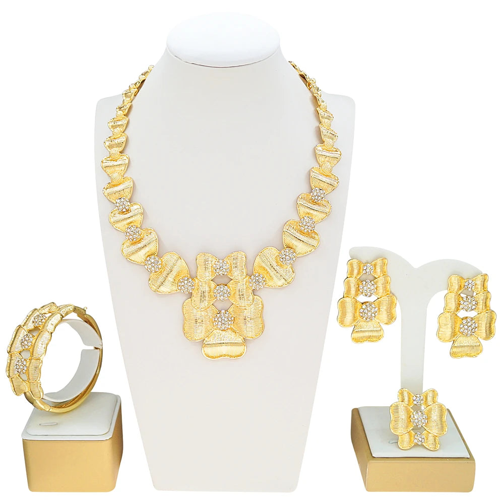 Zhuerrui Handmade Gold Plated Jewelry Set Retro Flower Design Necklace Earring Bracelet Set for Bridal Wedding Party I008520-2