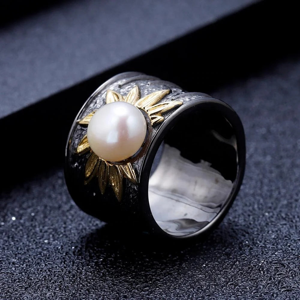 ArtistA Vintage Dark Tones 925 Silver Gold Plated Fresh Water Pearl Pendant Earrings Ring 3 Piece Jewelry Set 2 Tone Chunky Ring