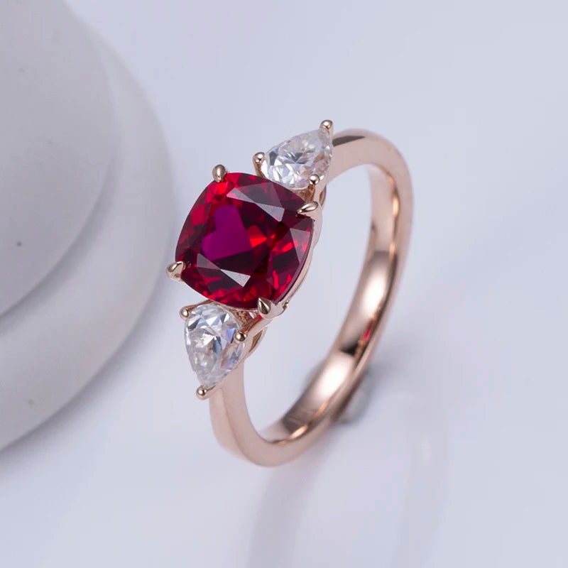 Messi Jewelry  MSR-1188 Custom 18K Rose Gold Lab Ruby Three Stone Wedding Ring for Women