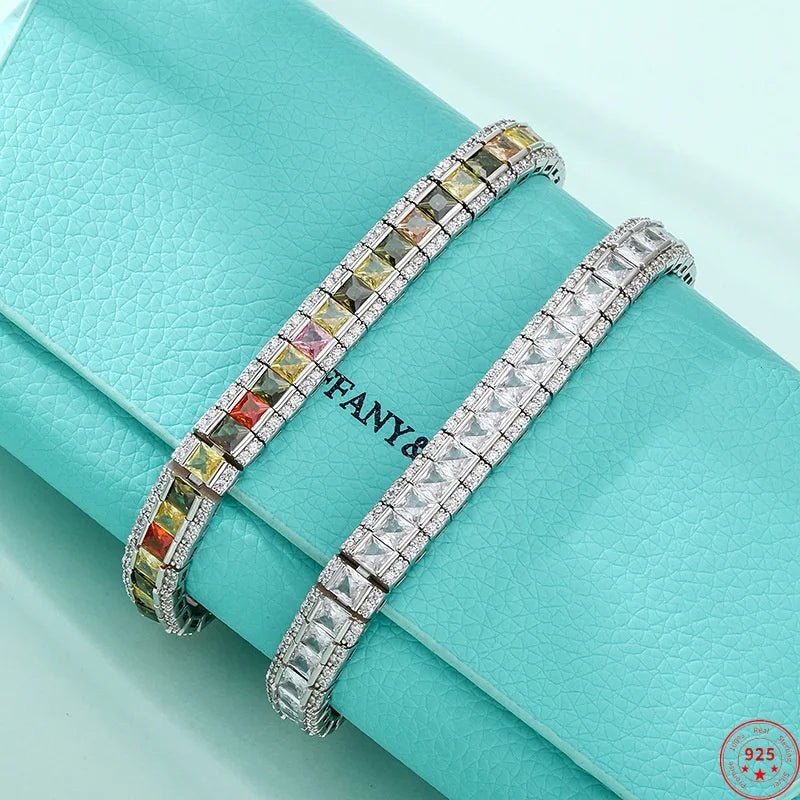 BOCAI S925 Sterling Silver Bracelets for Women Men 9mm Byzantine Chain Inlay Sandwich Colorful Zircon Bangle Jewelry Wholesale