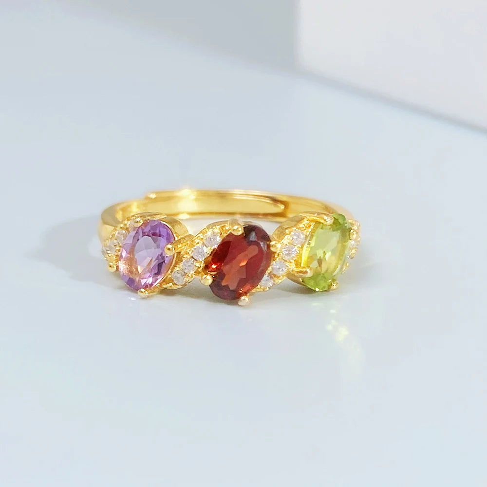 Gioiellieri Vintage Natural Gemstone Ring for Women S925 Sterling Silver Amethyst Garnet Peridot Jewelry Gift for Anniversary
