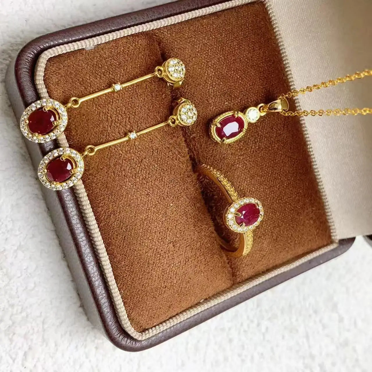 Luxury Natural Ruby Jewelry Set 925 Sterling Silver 18k Gold-plated Necklace Earrings Ring Women's Sets Wedding Engagement Gift