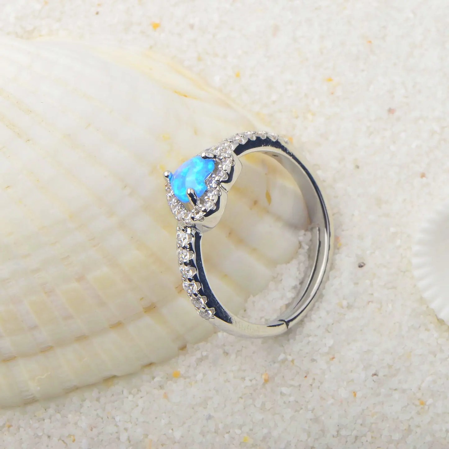 Romantic Heart Opal Promise Ring - Blue Fire Opal Center & CZ Halo Design | Dainty Daily Jewelry Bulk Gifts