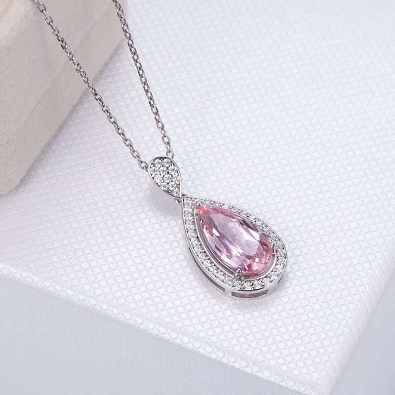 Messi Jewelry MSN-652 Silver 925 Necklace Lab Morganite Pear Cut Pink Channel Setting Diamond Pendant Necklace