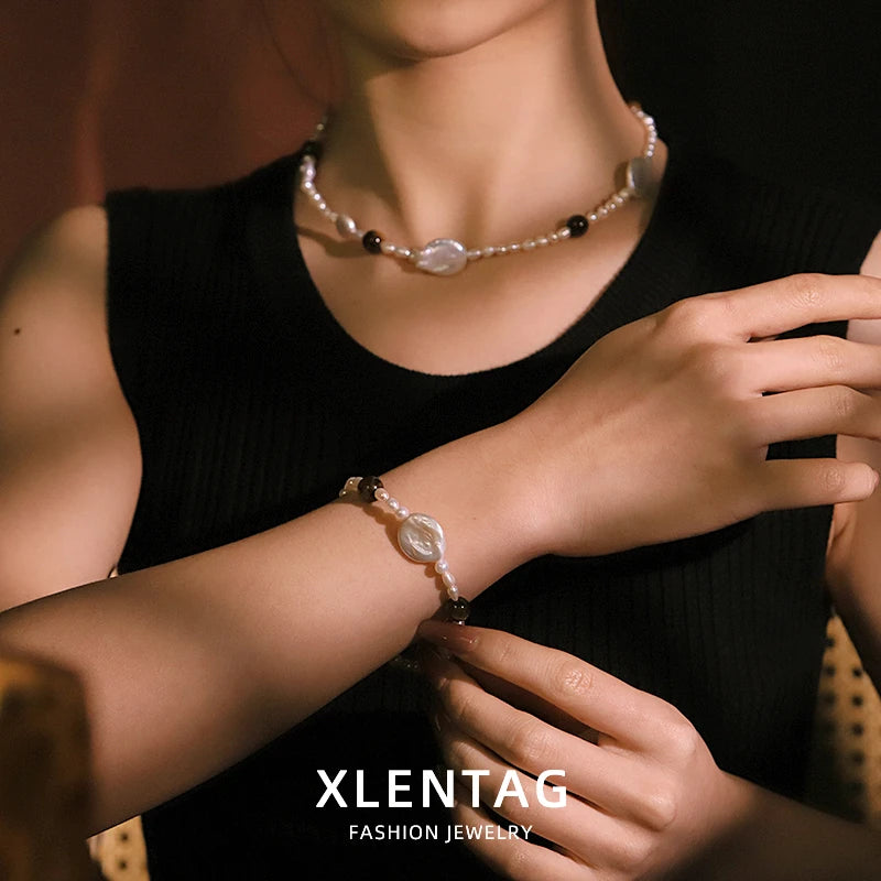 GLSEEVO Natural Freshwater Pearl & Tiger Eye Stone 2-Piece Jewellery Set — Coin Pearl, Seed Pearl & Toggle Clasp Necklace & Bracelet