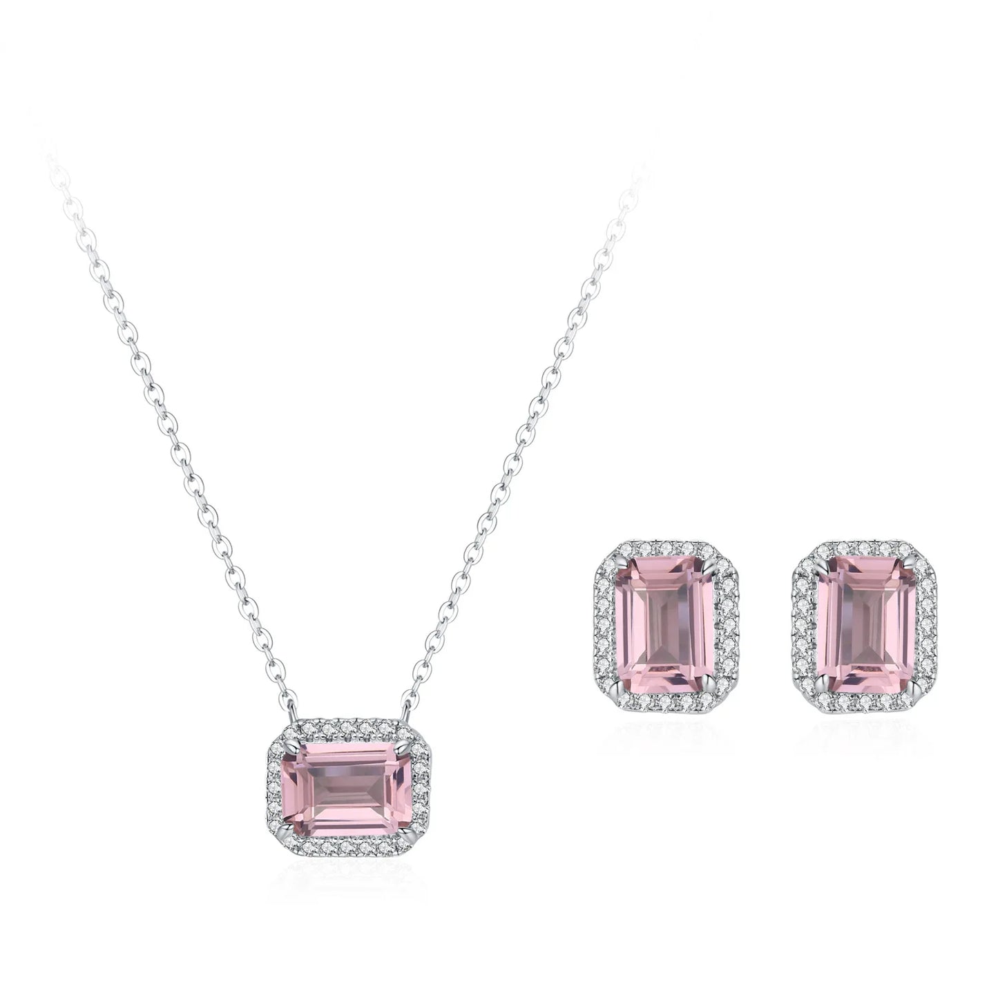 Wholesale 925 Sterling Silver Light Luxury Pink Square Sugar Earring Necklace Advanced Emerald Jewelry Set Gift Set