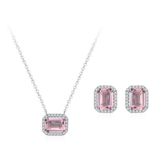 Wholesale 925 Sterling Silver Light Luxury Pink Square Sugar Earring Necklace Advanced Emerald Jewelry Set Gift Set