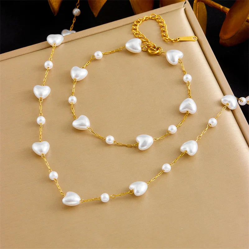 Gold Pearl Necklace & Bracelet Jewellery Set | Classic Elegance Fashion Set