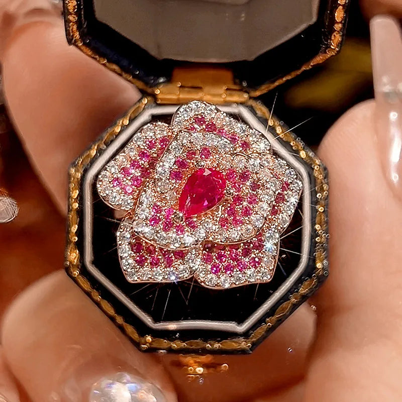 S&S Rose Gold Plated Pavé Red Zircon Floral Jewellery Set – Collection