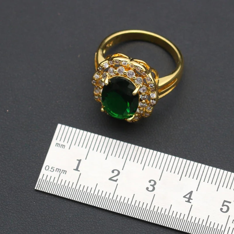 XOTICA Classic Gold Color Bridal Set for Women Wedding Engagement Emerald Zirconia Earrings Pendant Ring Bracelet Chain Alloy Christmas