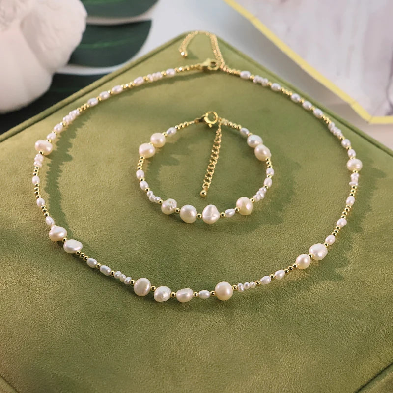 GLSEEVO Natural Freshwater Pearl Jewelry Set for Women Daily Wear Dainty Pearl  Necklace  Bracelet 2-Piece Set Fashion Jewelry