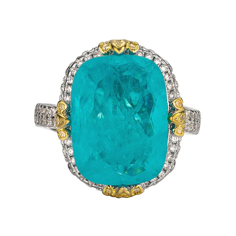 REDheart Women's Copper Inlaid Zircon Plated Two-Color Open Ring Copper Base Gold-Plated Imitation Paraiba Blue Wedding Party Set