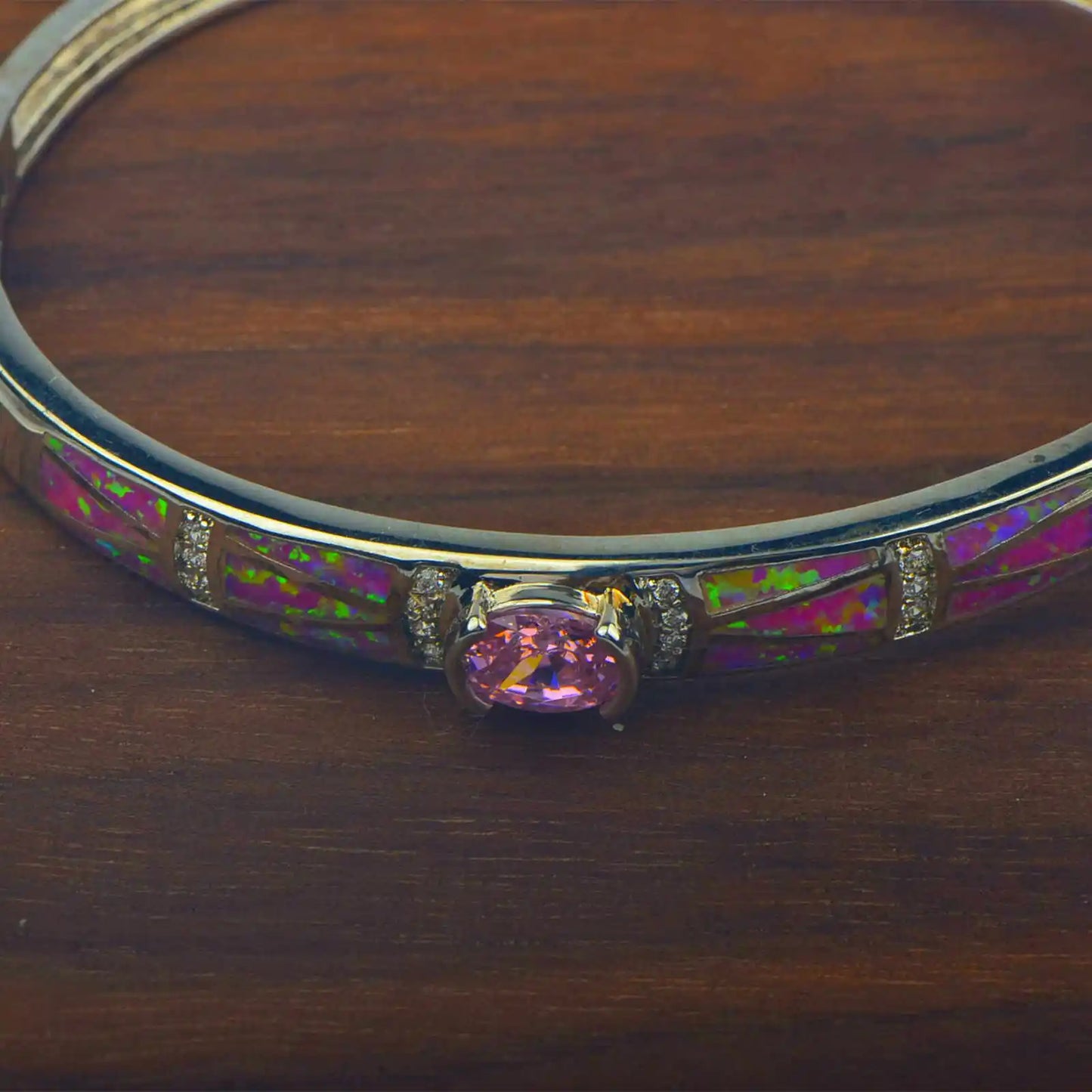pink  Opal Bangle Aobao Geometric Inlaid Silver Tone Fashion Jewelry