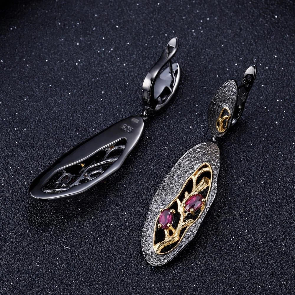 ArtistA Abiding 925 Sterling Silver Gold Plated & Black Gun Plated Handmade Flower Branch Natural Rhodolite Garnet Women Jewelry Set