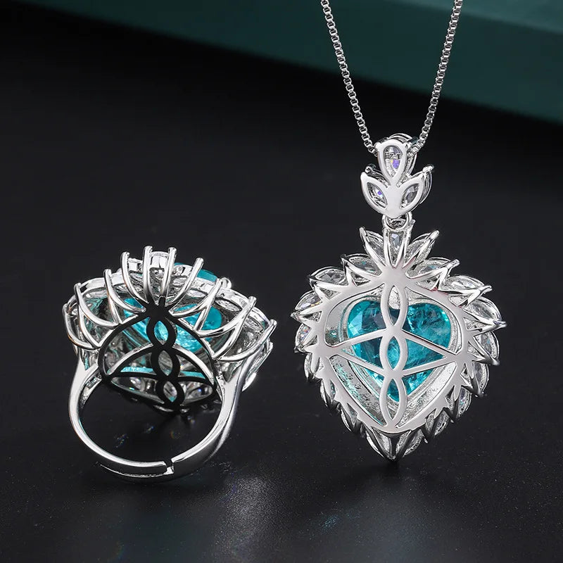 Gemfiori Fancy Radiant Cut Romantic Heart Ring Luxury 15*15MM Crystal Heart Design Pendant Necklace Women Wedding Party Jewelry Sets Gift