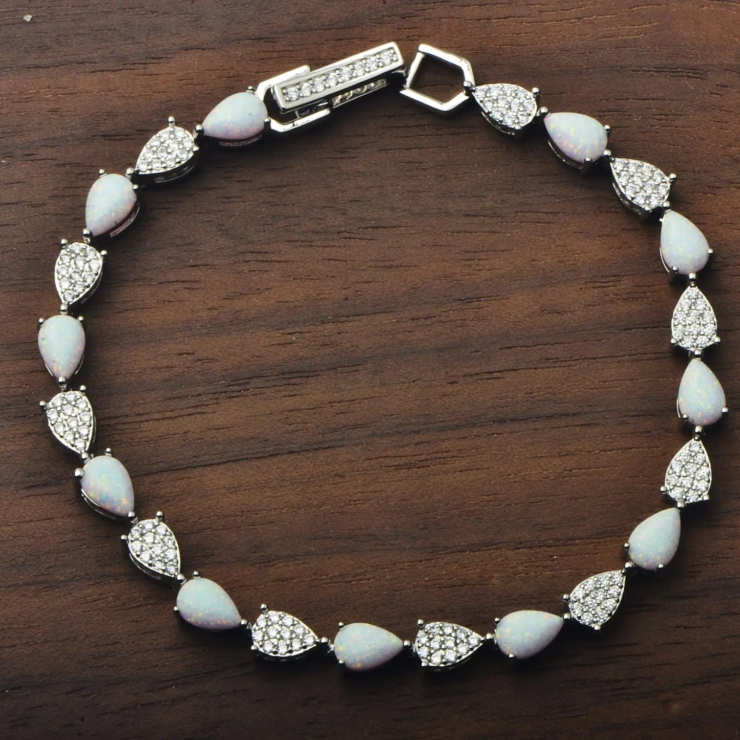 Iridescent Opal Teardrop Bracelet | Silver CZ Statement Jewelry